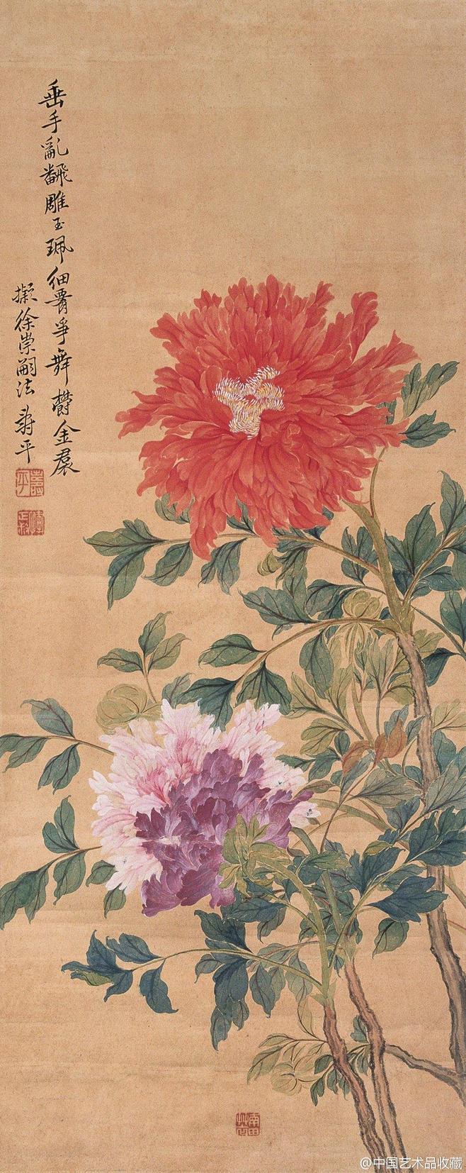 #常州画派#【 清 恽寿平 《瑶圃琼葩》 】恽寿平从明代沈周、孙隆等人的作品中吸取创作经验，再参考画史文献资料，创造“仿北宋徐崇嗣”的没骨花卉画法。特点是以潇洒秀逸的用笔直接点蘸颜色敷染成画，讲究形似，但又不以形似为满足，有文人画的情调、韵味。一洗时习，独开生面，为写生正派，海内宗之。