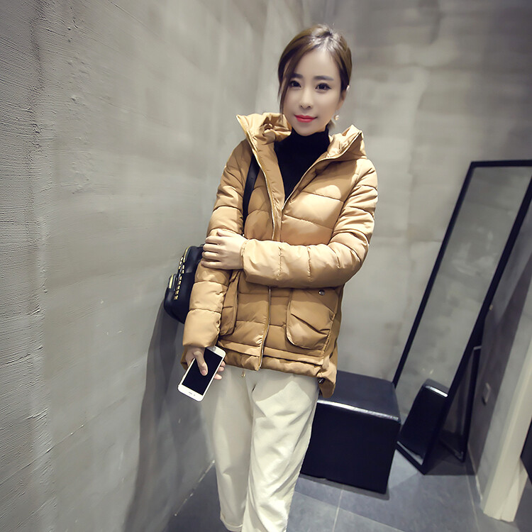 冬季女装韩版连帽口袋长袖百搭显瘦短款棉衣棉服外套女潮