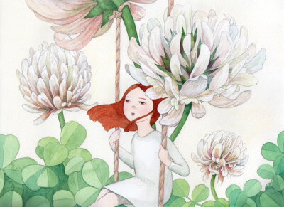 三叶草的秋千 ~ 插画师yejukoo《红发女孩》系列插画