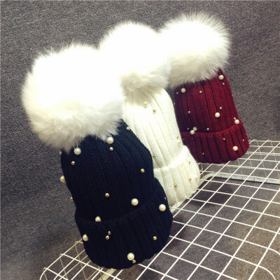韩国16厘米超大狐狸毛球毛线帽 可爱珍珠钉珠保暖针织帽子