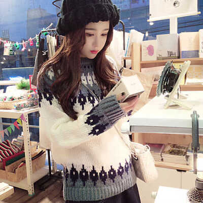 韩国冬装新款甜美可爱学生圆领针织衫新年圣诞雪花套头打底毛衣女