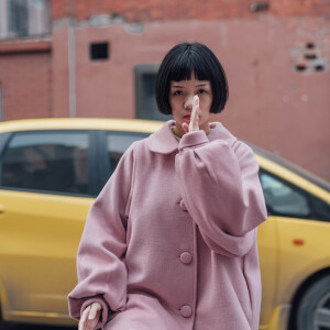 素泊原创设计 蠢货大衣 复古粉色纯色宽松娃娃领大摆毛呢外套15冬