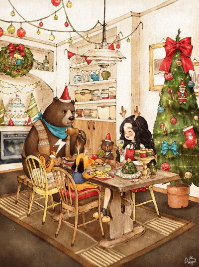 欢乐的时光，丰盛的圣诞派对，节日快乐！~ 来自韩国插画家Aeppol 的「森林女孩日记」系列插画。