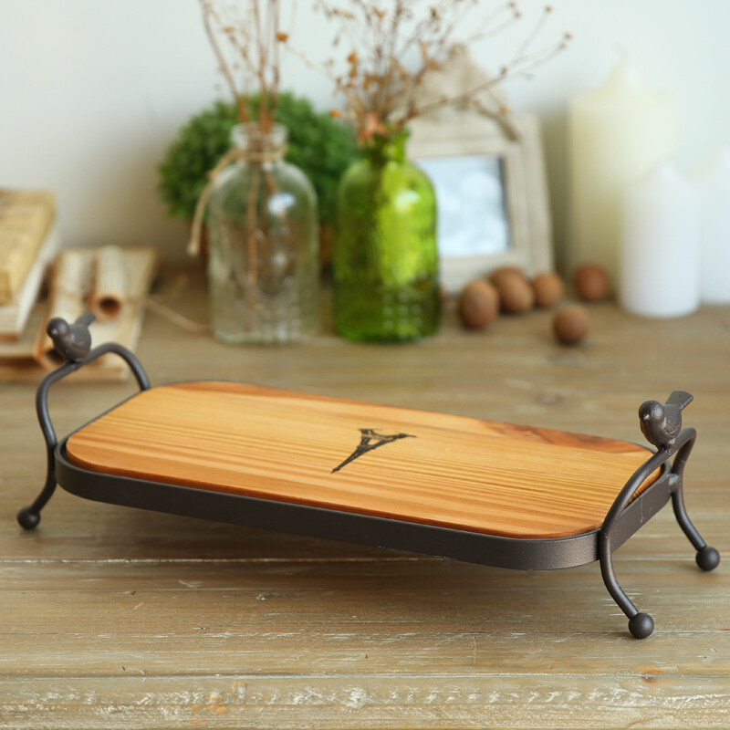 欧式铁木复古做旧小鸟长方形茶盘果盘把手托盘创意家居装饰品摆件