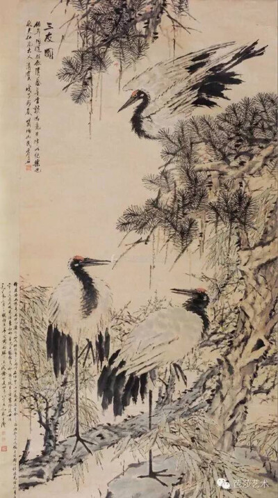  虚谷《三友图》，镜心 设色纸本，264×122cm，1888年 这便是拍价破亿的虚谷《三友图》。此幅作品尺幅巨大，以松竹梅传统“风寒三友”为景，绘两静一动三仙鹤于中，虚谷设色清新，松石仙鹤颇有灵气。此图是虚谷与好友…