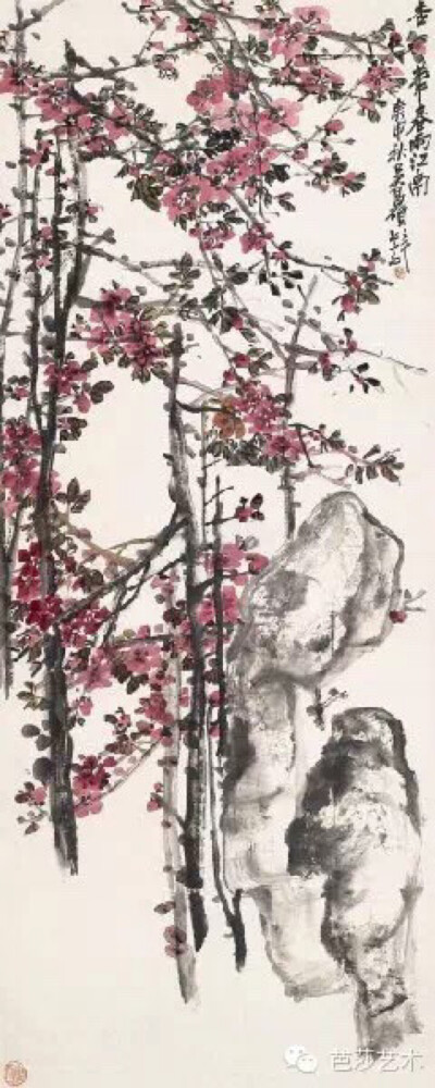  吴昌硕《杏花春雨江南》 虽然他们三人并称为“海上三杰”，但三人画风各有千秋，而虚谷的画风与吴昌硕的金石入画和与任伯年的兼工带写，迥然不同，他总是于平常事物中寻出“雅趣”来，他笔下的花鸟总是让人又爱又怜…