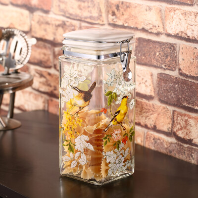 evergreen印花方形密封罐透明储物罐玻璃瓶收纳罐透明带盖瓶茶罐