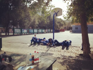 在篮球架下被阳光照射的Boys