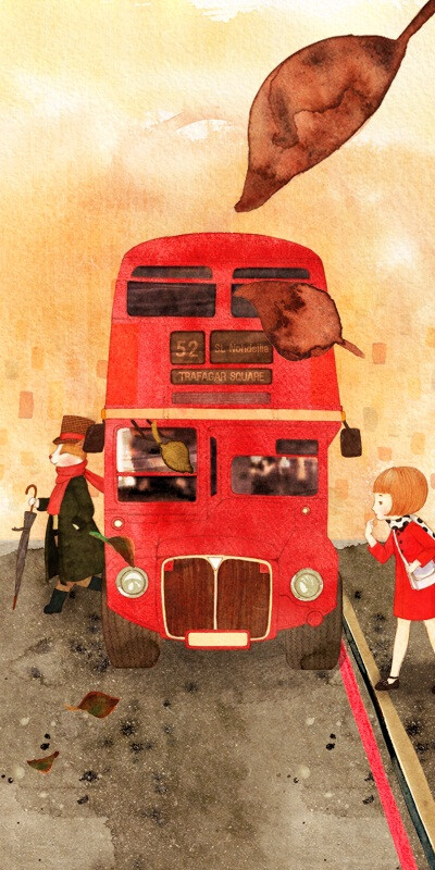 Red double decker bus 伦敦的故事 ~ 韩国画师origomo《女孩与猫咪的旅行》系列插画