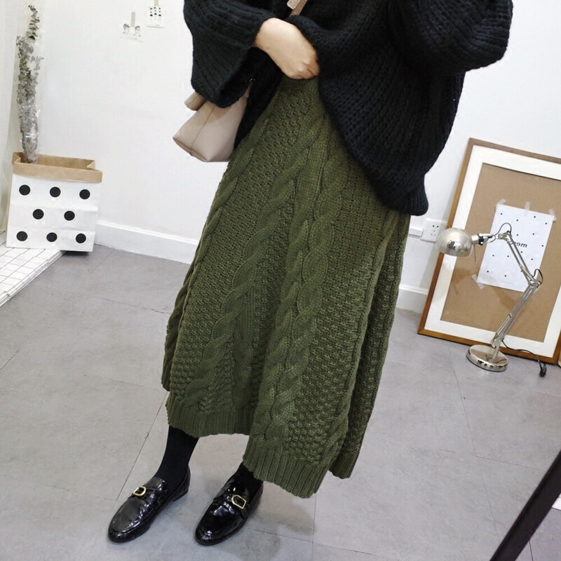 韩国订单 复古气质纯色麻花毛线针织A型大摆长裙半身裙