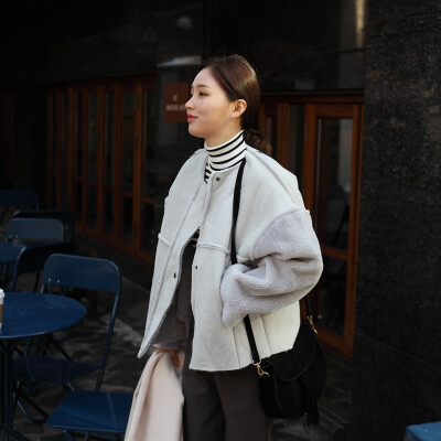 HEINIU 韩国订单 秋冬羊羔毛拼色保暖大气短外套