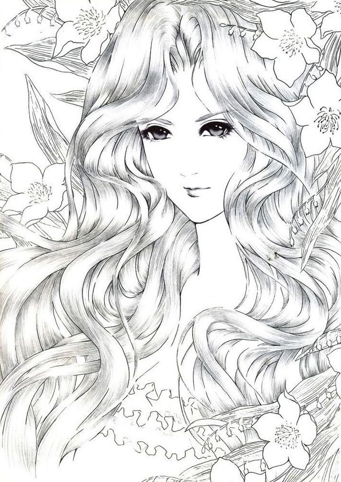 黑白稿 少女 花