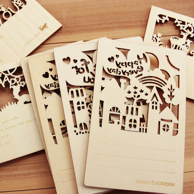童话小屋木质明信片 创意复古镂空动物卡片 生日节日祝福留言贺卡