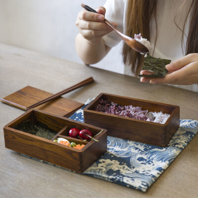 摩登主妇 创意木质饭盒 方形学生午餐便当盒 单层饭盒零食干果盒
