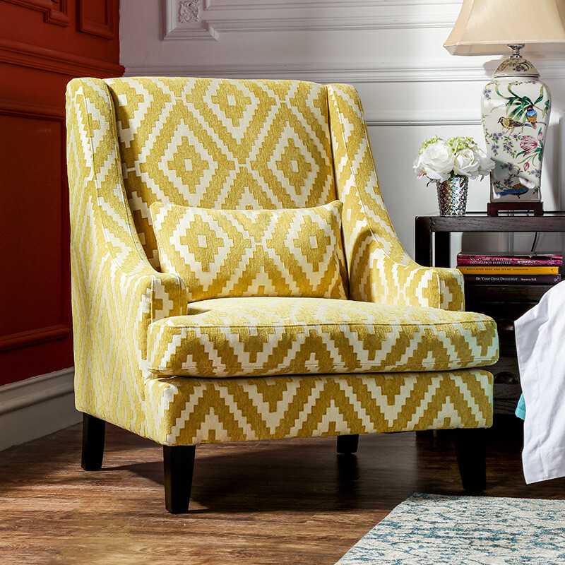 奇居良品 美式客厅书房家具 布瑞特黄色布艺单人沙发单椅 预定