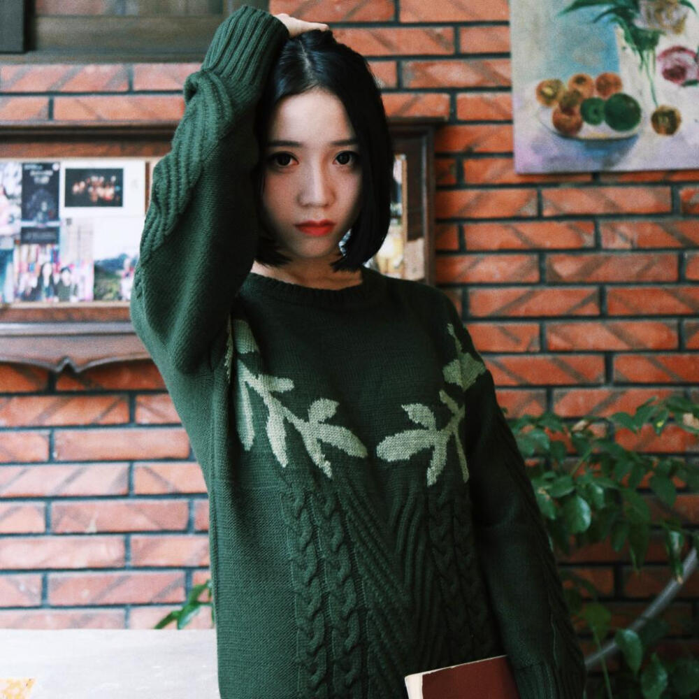 超美复古绿色枝叶毛衣 麻花纹路 含羊毛30%的柔软型羊毛衫