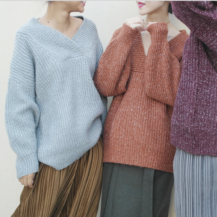 VNeck Sweater 大V领翻领加厚羊毛混纺毛衣 四色入