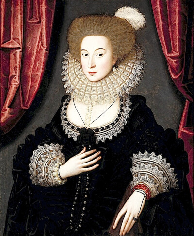 1610-1613 Mary Radclyffe by William Larkin. Dau. of SirJohn Radcliffe of Ordsall and Alice Byron. Spouse of Sir John Stanhope of Elvaston.