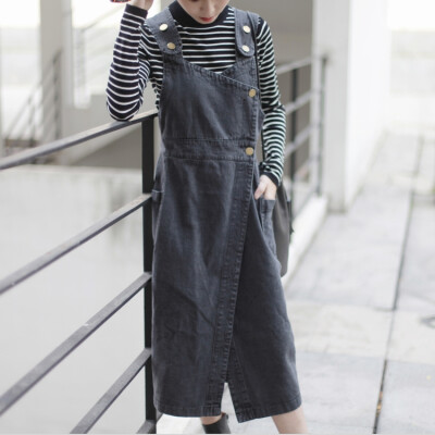 Denim Dress 背带金属扣侧开叉洗水牛仔裙