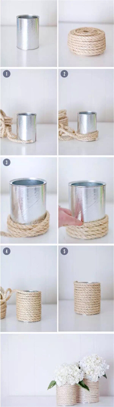 在罐子周围缠上麻绳，就是一个很小清新的花盆。