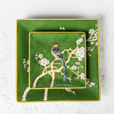 奇居良品 中式新古典美式家居装饰摆件 尼奇绿色花枝鸟雀陶瓷方盘