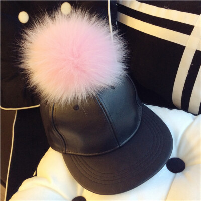 韩国粉色狐狸毛毛球PU平沿帽棒球帽 韩版女嘻哈帽潮帽