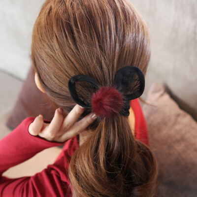 韩国进口发饰头饰 冬季貂毛球蕾丝兔耳朵发圈发绳