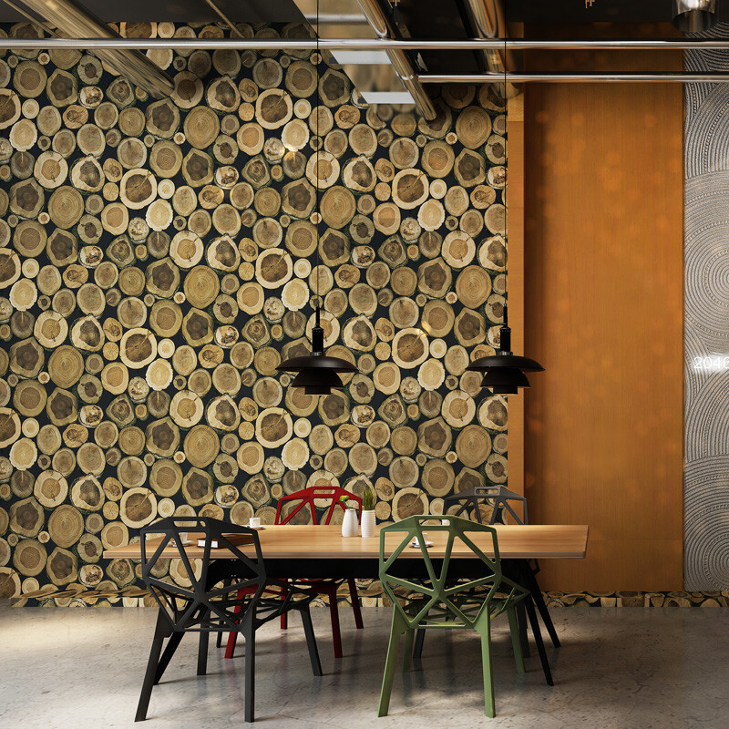 米冠美式复古墙纸 仿木纹木头年轮 客厅餐厅背景咖啡厅服装店壁纸