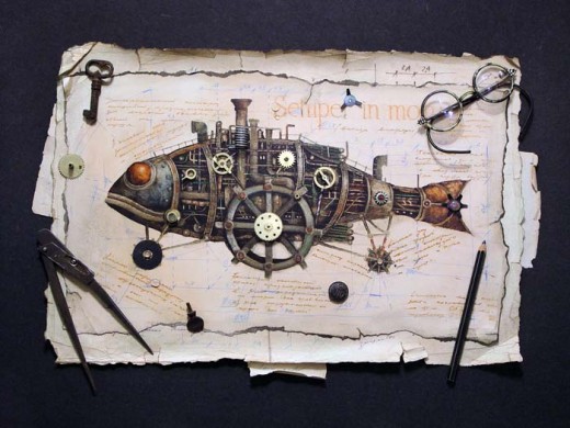 俄罗斯艺术家Gvozdariki的该系列作品充满着浓浓的蒸汽朋克味道，作品以鸟，鱼，兽为内容，将它们“机械化”，最后配上一些vintage的“配景”，为作品添加了更多“蒸汽”味道。也许在Gvozdariki的脑海里充满了关于再造生命的科幻奇思。