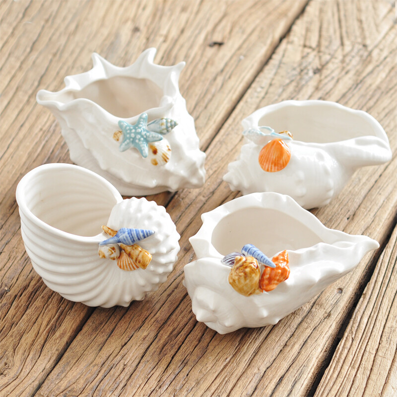 欧式地中海创意简约贝壳海螺陶瓷大烟灰缸收纳盘水培花盆装饰摆设