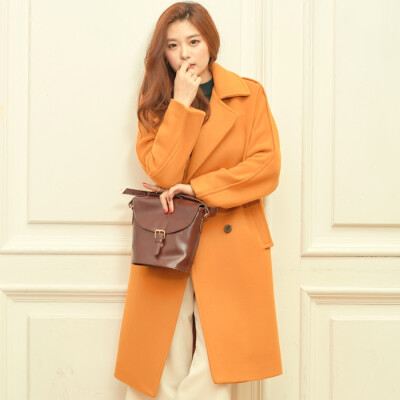 海外女装韩国进口橘色毛呢外套中长款OL职业双排扣大衣