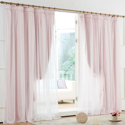 韩国进口 粉色小碎花蕾丝双层遮光窗帘卧室 客厅窗帘 成品窗帘