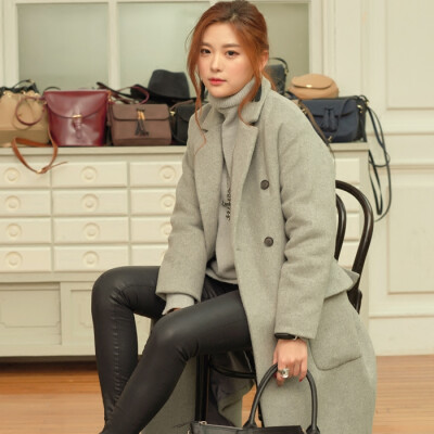 冬季韩国毛呢大衣女装中长款OL气质西装领双排扣外套