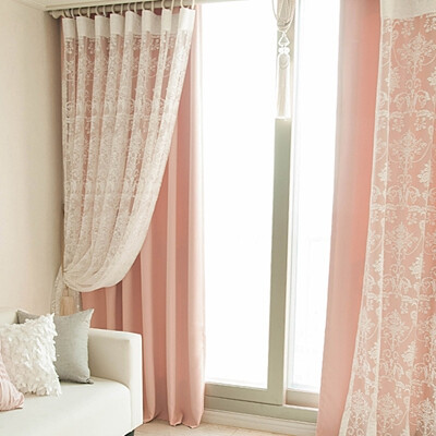 韩国进口 粉色镂空花纹网纱双层遮光窗帘卧室 客厅窗帘 可定做