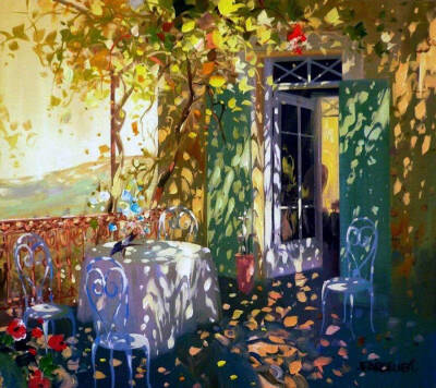 【法国画家 Laurent Parcelier 的阳光庭园】 Laurent Parcelier喜欢勾画门窗栅栏映在地面的花纹，喜欢描绘通过叶子过滤的光影，如水的光影婆娑，仿佛遍地的烟花盛开！