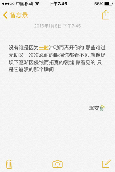 备忘录文字 没有谁是因为一时冲动而离开你的 那些难过无助又一次次忍耐的眼泪你都看不见 就像堤坝下逐渐因侵蚀而拓宽的裂缝 你看见的 只是它崩溃的那个瞬间