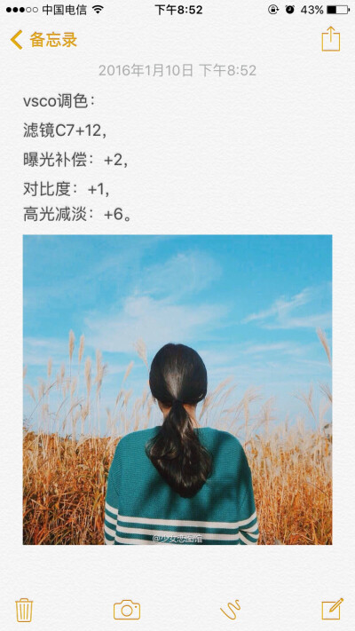 vsco：选择滤镜C7，曝光补偿：+2，对比度：+1，高光减淡：+6