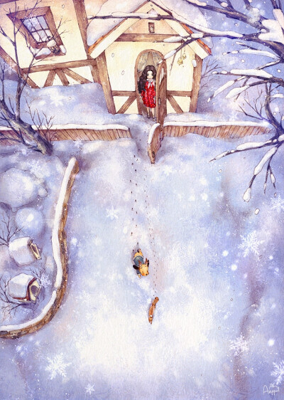 冬日系列_白茫茫的世界 ~ 来自韩国插画家Aeppol 的「森林女孩日记-2016」系列插画。