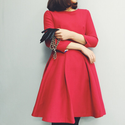 记忆屋 自制韩版女士百搭甜美优雅正红色高腰修身显瘦连衣裙