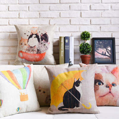 打伞的猫咪棉麻抱枕套沙发靠垫车用靠背创意可爱卡通靠枕田园风
