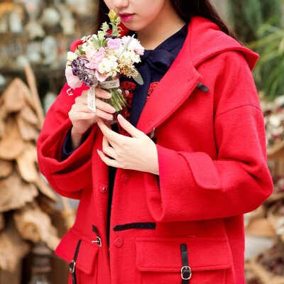 冬装红色休闲连帽中长款毛呢大衣女 学院风宽松呢子外套