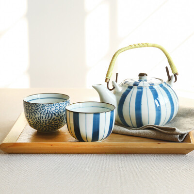 陶趣居日式和风蓝条草陶瓷茶具 唐草茶杯条纹杯 条线茶壶