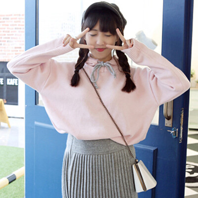 2016春装韩版纯色甜美学院风连帽套头毛衣女装学生卫衣针织衫