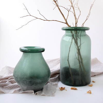 墨绿色超大手工吹制花瓶 表面磨砂花瓶 艺术玻璃花瓶 花器 花插