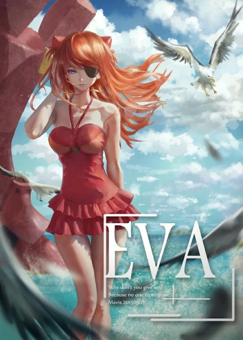 动漫 二次元 壁纸 插画 头像 唯美 少女 EVA 海边 泳衣