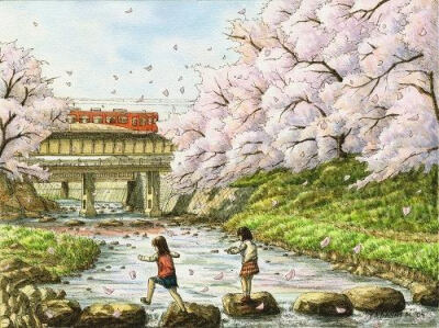 松本忠——日本铁道画家。通过旅行，将沿途风景定格在插画中。作品集“铁道油漆插画” 清新自然，展现出日本福岛县沿铁路的美丽景色。获得日本「诗とメルヘン」插画荣誉提名奖。列车之旅，沿途不经意的风景，樱花飞…