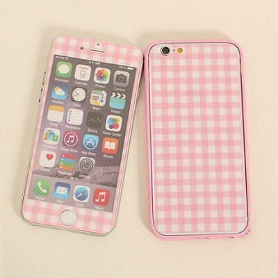 粉色格子iphone6彩膜6PLUS钢化彩膜5s全屏钢化膜6s卡通闪粉前后贴