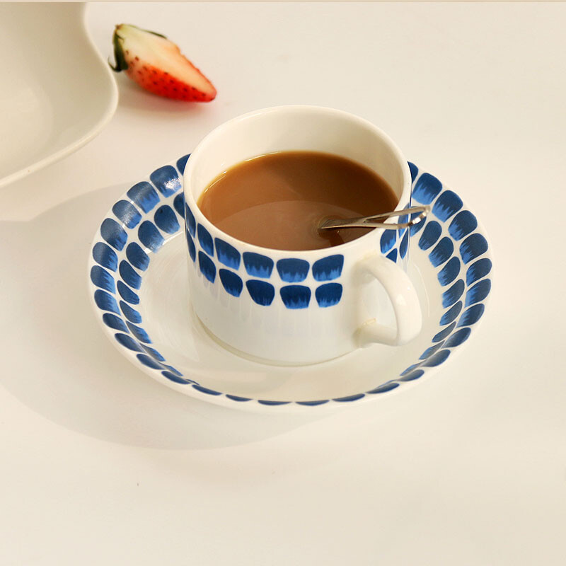 肆月 蓝色印花骨瓷咖啡杯碟陶瓷英式下午茶红茶杯碟套装 送小勺子