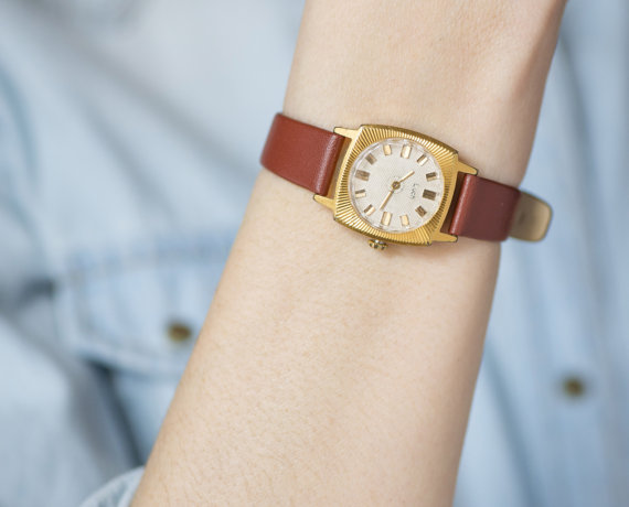 预定｜古着苏联俄罗斯镀金Luch方表盘70年代女式机械表女表手表