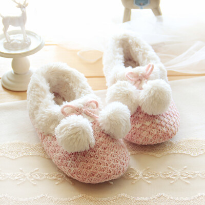 丝滑绒针织粉可爱球冬季保暖室内家居防滑居家地板包跟棉拖鞋女款
